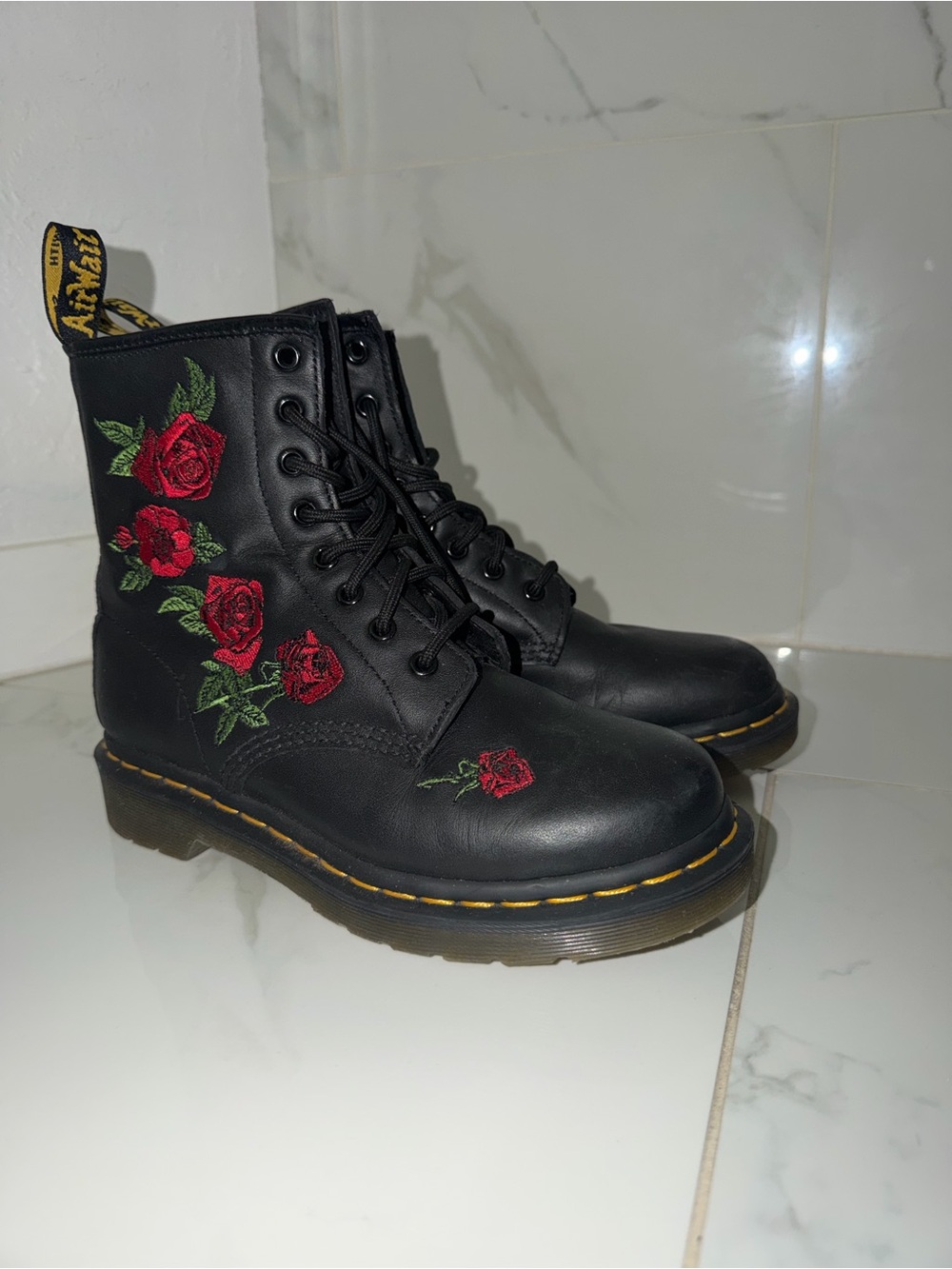 Dr. Martens Black Leather Lace-Up Boots with Red Rose Embroidery